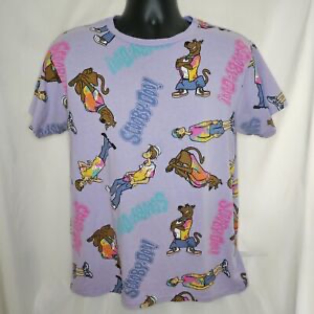 Mens Scooby Doo and Shaggy Lavendar Purple Allover Print Hippie Retro Shirt Sz L